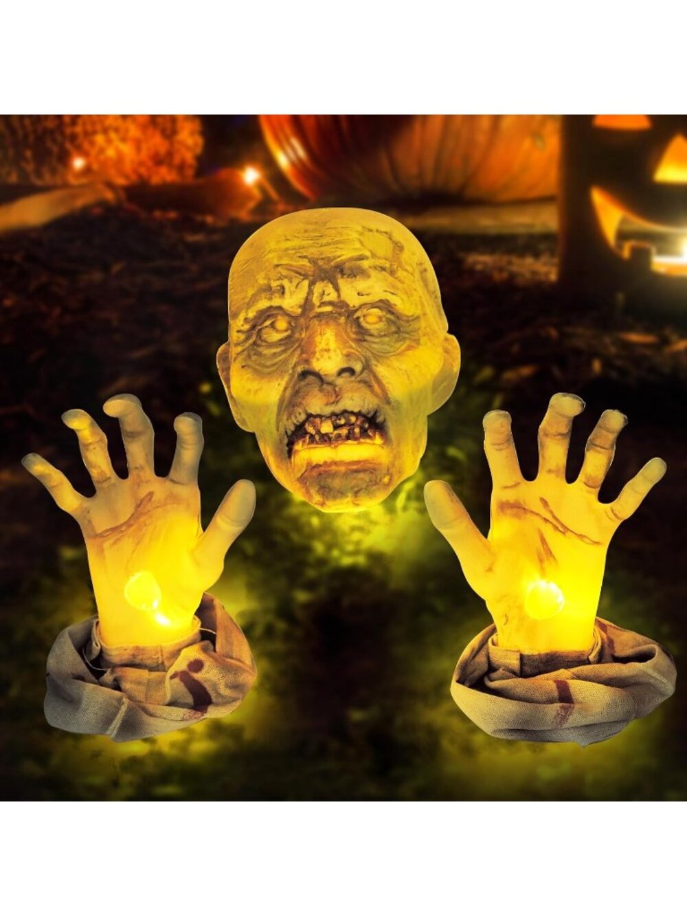 Zombie Face and Arms Stakes LED Halloween Decor Props Green Skeleton Bone